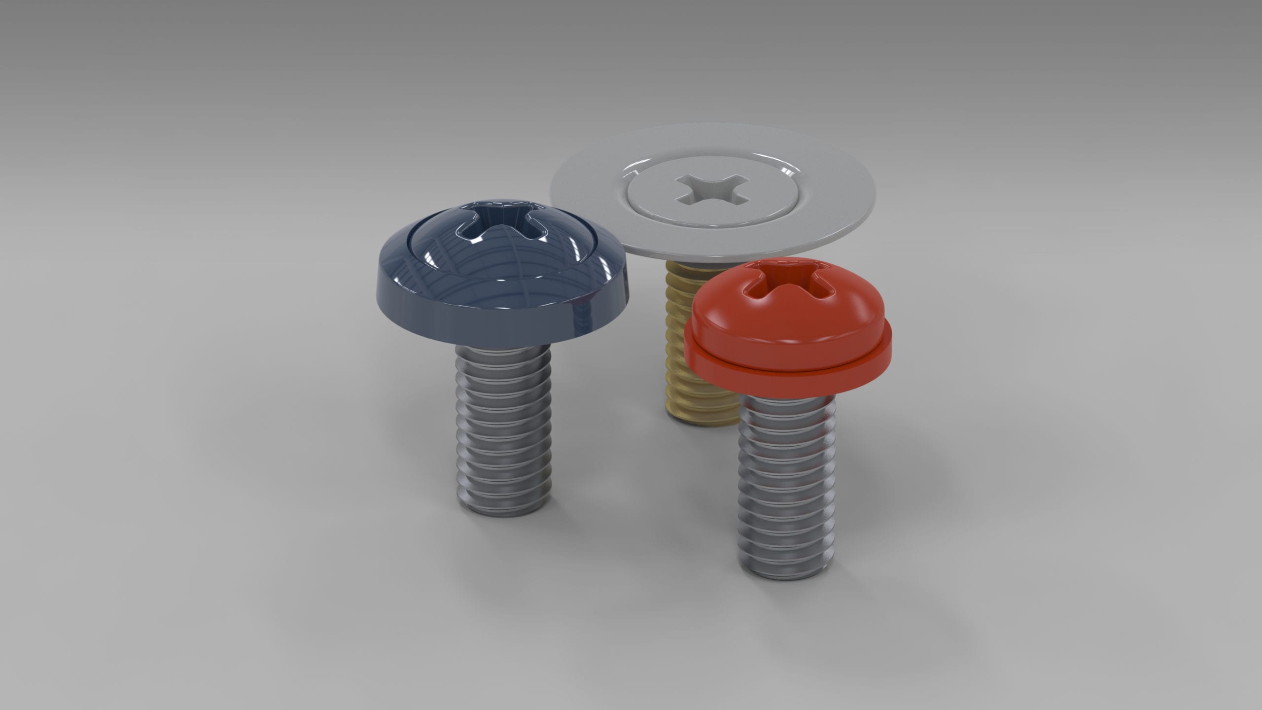 Three painted screws with washers